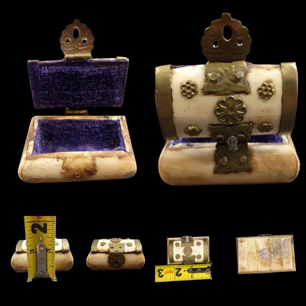 Vintage Bone/Horn Trinket Jewelry Box Brass Hinges Purple Velvet Hand Made India